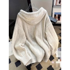 Beige Women's Oversized Soft Sweater Coat - Long Sleeve Hooded Sweater Jacket with Adjustable Hood & Front Pocket, Minimalist Winter Coat, Machine Washable Casual to Formal Outerwear for Women, All-Season Layering Piece, Cropped Sweaters for Women, Casual Long Sleeve Sweater, Sweaters, Colourfull Loose Sweater for Women, Sweater Tops for Women