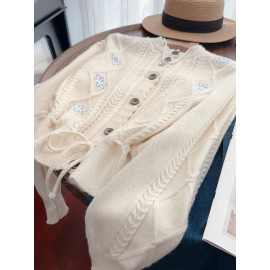 Women'S Elegant Beige Cardigan with Blue Floral Embroidery - Long Sleeve, Button-Up, Crew Neck, Lightweight & Breathable for Spring/Summer/Fall, Casual Wear, Spring Outerwear, Floral Embroidery Design, Soft Texture Fabric