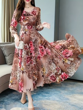 Elegant Women's V-Neck Floral Print Dress with Fitted Bodice & Flowy Skirt - Machine Washable, All-Season Versatile for Casual to Formal Occasions, No Stretch Fabric, Zipper Closure