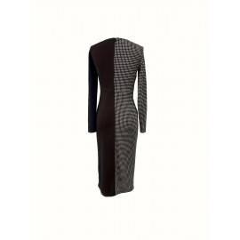 Women'S Elegant Long Sleeve Dress - & Checkered Pattern, Zipper Closure, Formal & Everyday Chic Outfit, Machine Washable Non-Stretch Fabric for Women, All-Season Versatile Party Wedding Office Dress, Dresses for Wedding Guest