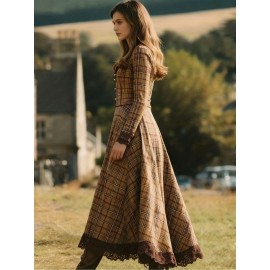 Women'S Vintage V-Neck Dress - Elegant Brown & Checkered Long Formal & Everyday Dress with Waist-Cinching Belt, Non-Stretch Fabric, Flared Hem for Office, Party, Wedding Outfits - Fall/Winter/Summer Dresses, Cute Dress