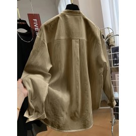 Plus Size - Women'S Casual Loose Fit Side Stand Collar Pleated Blouse - Solid Color Button-Up Shirt with Ribbed Texture, Long Sleeves, and Button Details for All-Season Wear, Versatile Fashion | Relaxed Fit Shirt | Nonstretch Fabric