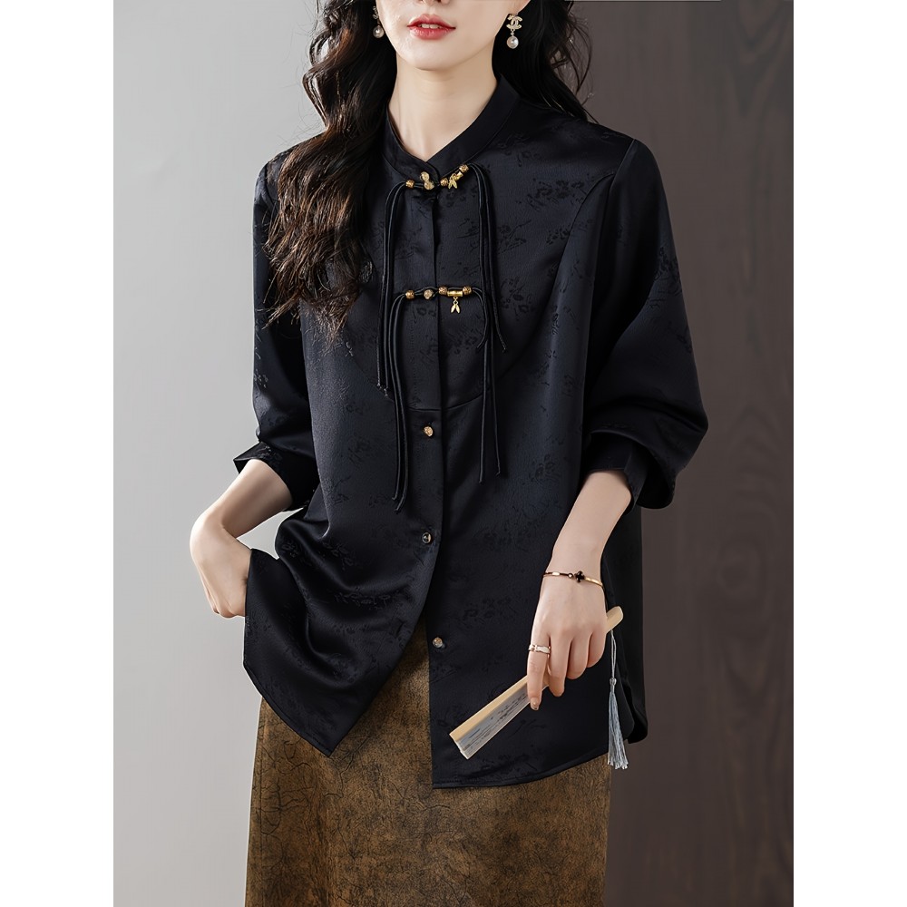 Plus Size - Women'S Elegant Chinese Blouse - Classic White Button-Front Shirt with Rounded Neckline, Non-Transparent Formal & Everyday Blouse for Office, Wedding, Party - Spring/Fall Women'S Clothing - Elegant Traditional Asian Attire, Chinese Style Clothing, Office Wear, Nontransparent Fabric, Wedding Attire, Vintage Design, Durable Material, Stylish Top, Fashion Lovers, Office Attire, Long Sleeve Shirt, Detail, Professional Women