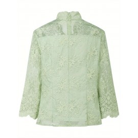 [Wedding & Party] Plus Size, ZANZEA Women's Plus Size Elegant Lace Patchwork Blouse - 3/4 Sleeve Wedding & Party Shirt with Front Button Closure, /Korean Inspired A-Line Lightweight Top, Machine Washable Golden Lace Jacket-like Blouse for Year-Round