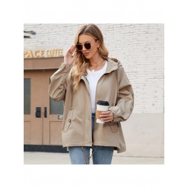 Plus Size - Plus Size Women'S Elegant Hooded Trench Coat - Loose-Fit Windproof Jacket with Double Zipper Closure, Long Sleeves & Belted Waist - /Neutral Tones - Spring/Fall