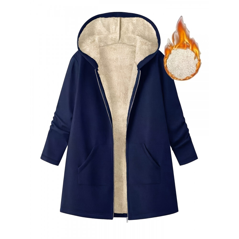 Plus Size, Women's Mid-Length Hooded Winter Coat with Fleece Lining - Light Grey & Casual Elegant Outerwear, Full-Zip Closure, Relaxed Fit, Machine Washable, Pockets for Fall and Winter Warmth (Office to Weekend Wear)