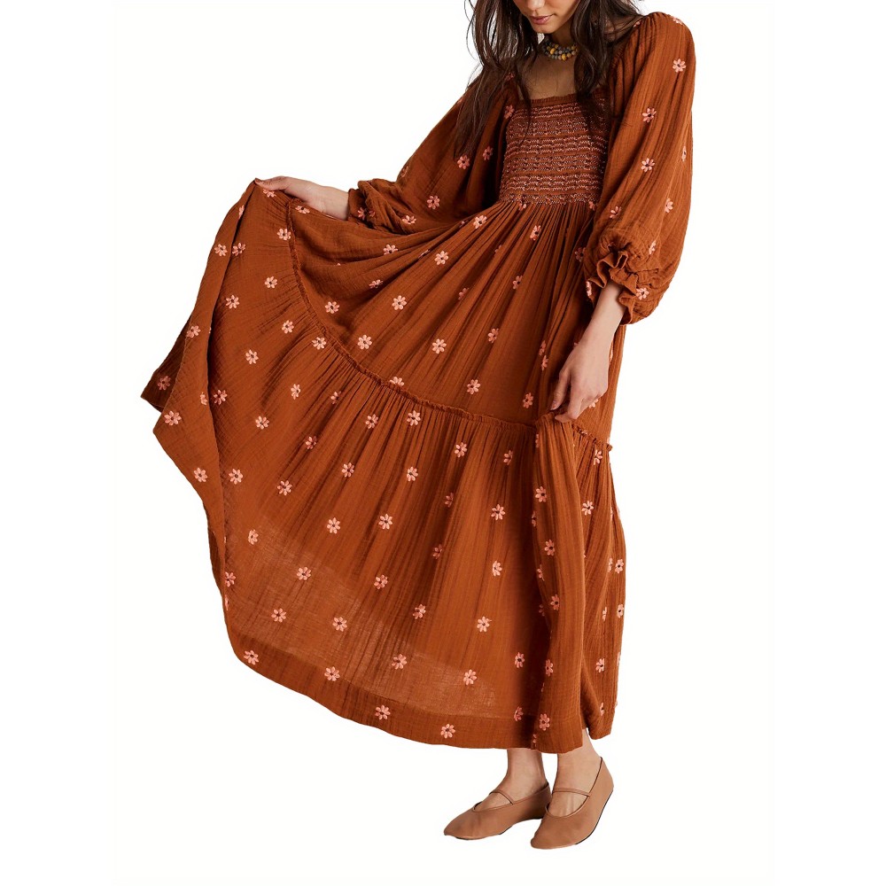 Women'S Floral Embroidered Maxi Dress with Puff Sleeves, Square Neck, Draped Tiered A-Line Skirt, 100% Polyester, Casual Summer Knit Fabric - Flowy Long Dress