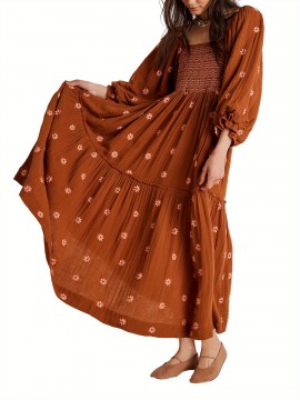 Women'S Floral Embroidered Maxi Dress with Puff Sleeves, Square Neck, Draped Tiered A-Line Skirt, 100% Polyester, Casual Summer Knit Fabric - Flowy Long Dress