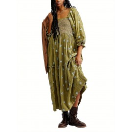 Women'S Floral Embroidered Maxi Dress with Puff Sleeves, Square Neck, Draped Tiered A-Line Skirt, 100% Polyester, Casual Summer Knit Fabric - Flowy Long Dress
