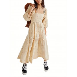 Women'S Floral Embroidered Maxi Dress with Puff Sleeves, Square Neck, Draped Tiered A-Line Skirt, 100% Polyester, Casual Summer Knit Fabric - Flowy Long Dress